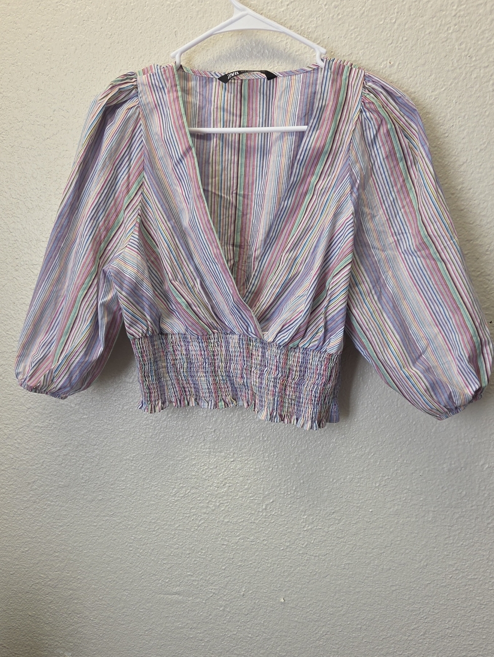 Zara Pastel Multi-Stripe V-Neck Puff Sleeve Top